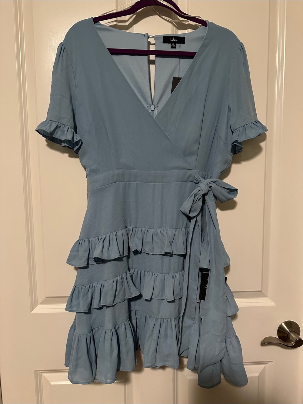 Lulu's Dusty Blue Ruffle tiered Wrap Mini Dress XL NWT